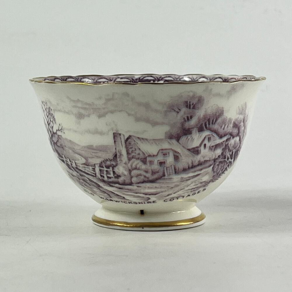 Sutherland China Tea Bowl Historical Britain Warwickshire Purple Gold Rim 1950s